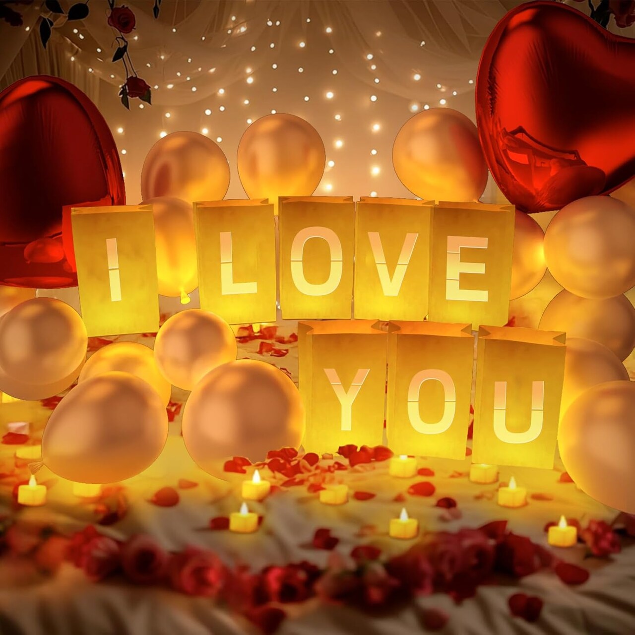 I Love You Light Up Letters, with Tea Lights Candles, Rose Petals